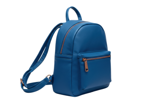 Isolated blue leather backpack fashion accessory for women or girls, shoulder straps, trendy