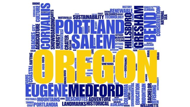 Oregon state map animated word cloud