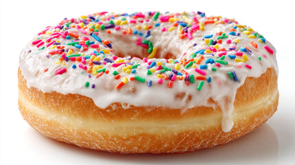 A single donut with white frosting and colorful sprinkles on a white background in a studio shot