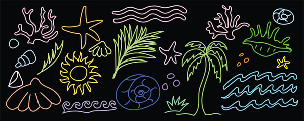Neon Ocean Scene Icons, Glow Beach Sketch Details, Bright Coastal Doodle Set