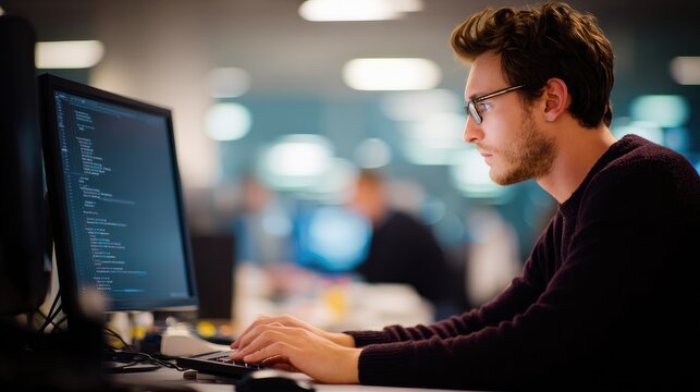 Busy asian programmer typing code in a modern office leveraging ai tools for deep tech development and big data mining in asia