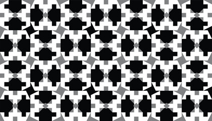A seamless geometric pattern featuring bold black abstract shapes arranged in a repetitive grid on a white background