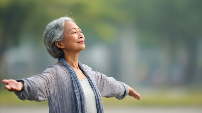 Mindful yoga practice for senior women embracing freedom and longevity in nature's calm public park asian elderly finding happiness and stress relief under sunlight