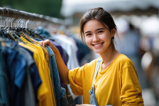 Choosing sustainable fashion young female tourist in asian flea market happy thrifting for vintage clothes eco-friendly garment shopping experience