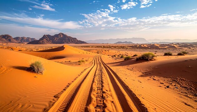 Scenic desert vista with tire tracks leading towards distant mountains under a bright, partly cloudy sky - Powered by Adobe