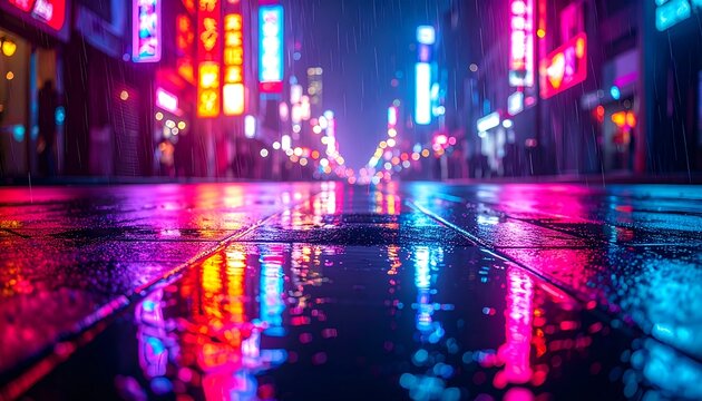 Rainy city street shines with neon lights reflecting on wet pavement, creating a vibrant urban landscape