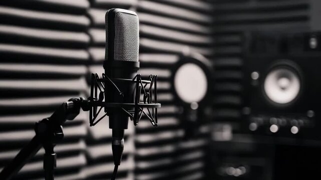 A retro microphone stands ready in a soundproof studio as audio equipment awaits recording sounds and vocals