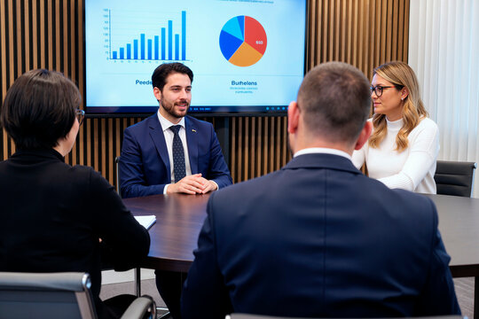 Group of young and adult and Asian professionals sitting around conference table discussing business strategy with charts and graphs displayed on screen - Powered by Adobe