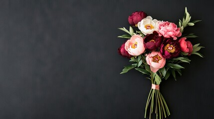A stunning arrangement featuring dark pink and burgundy peonies is showcased against a black background. Natural light enhances the vibrant colors and minimalistic style