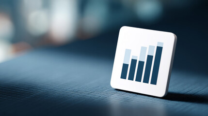 A white square icon with a bar graph on it is sitting on top of a blue surface, and the background is blurred out in shades of gray and blue