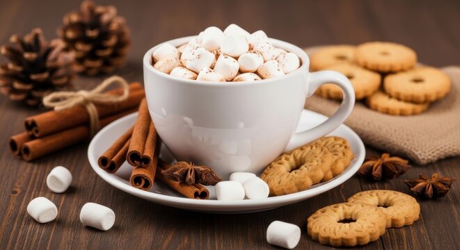Cup of hot chocolate with marshmallows, surrounded by cinnamon sticks and cookies