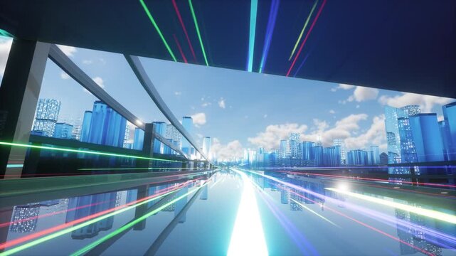 Digital Colorful Futuristic Business City. Camera Flowing Through the Abstract Streets with Technological Interconnected Lines Representing World Wide Web, Internet Connectivity and Big Data.3D render