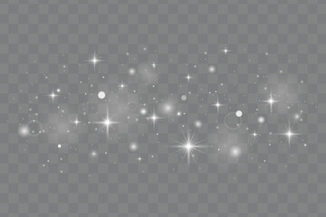 Glowing light effect with white sparkles, glitter particles and shiny stars for Christmas and New Year designs. Magical silver light sparkles, bokeh and glittering dust