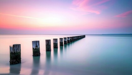 A tranquil ocean scene at sunset, featuring a row of weathered wooden posts extending into the smooth, reflective water under a pastel sky.