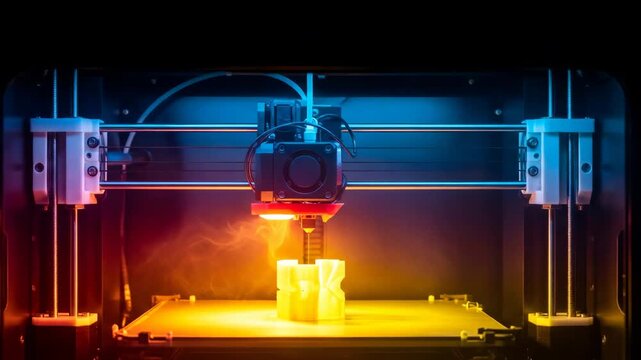 A 3d bioprinter extruding material to build a complex object, highlighted by radiant light, showcasing cutting edge additive manufacturing technology.