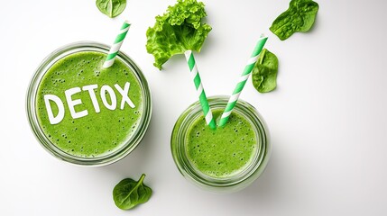 Chia seeds spell out DETOX over a green smoothie served in a glass jar with two straws. Fresh spinach leaves enhance the healthy vibe in this minimalistic setting