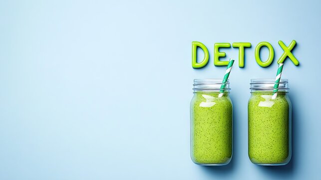 Chia seeds creatively form the word detox next to two jars of vibrant green smoothies equipped with straws. The arrangement highlights a healthy eating lifestyle against a simple backdrop