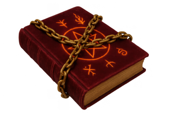 Forbidden ancient spellbook with magical glowing symbols and pentagram secured by old chains on a transparent background