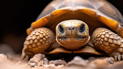 Naklejka premium Desert tortoise exploring its rocky habitat during daylight.copy space