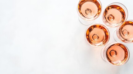 Glasses filled with rosé wine are arranged neatly on a white background, ideal for a romantic dinner. Soft shadows and natural lighting enhance the minimal aesthetic