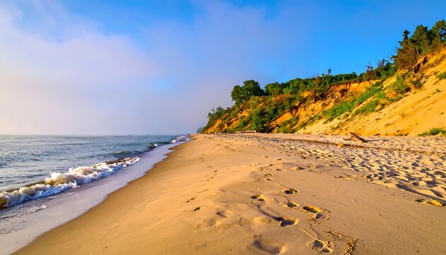 Sandy beach scene, waves rolling onto the shore near bluffs under blue sky with light clouds