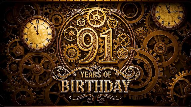 Steampunk 91st birthday celebration with glowing gears, vintage clock faces, and ornate metallic text on dark backdrop