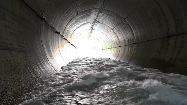 Fast Water Flows Through Concrete Drainage Tunnel During the Day