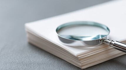 A magnifying glass is placed on top of a stack of white papers, suggesting careful examination or research