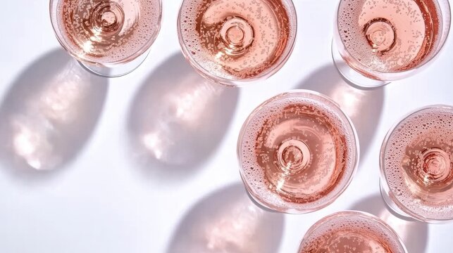 Five glasses filled with rosé wine rest on a clean white surface. Soft shadows and natural light enhance the romantic setting, perfect for an intimate dinner gathering