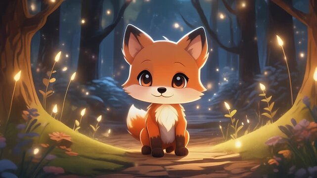 Cartoon fox in enchanted forest with glowing lights and artistic style