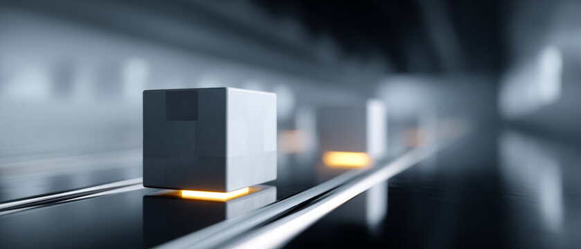 A futuristic, metallic cube with glowing orange lights on a sleek surface in an industrial setting