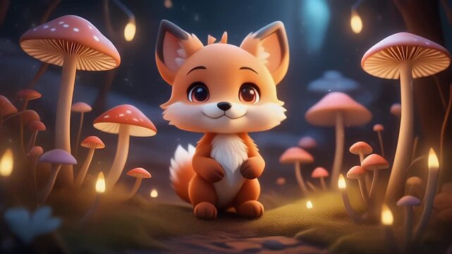 Cartoon fox in magical forest with glowing mushrooms and soft lighting