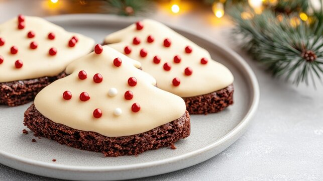 Three delightful brownie treats shaped like Christmas trees are topped with white frosting and red sprinkles. The soft glow of blurred lights in the background enhances the festive atmosphere
