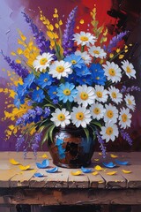 Impasto painting wildflowers in brown vase. Daisies, blue flowers, lavender, yellow blossoms, thick strokes. Wood, scattered petals, painterly red, purple, blue background. Poster, wallart.