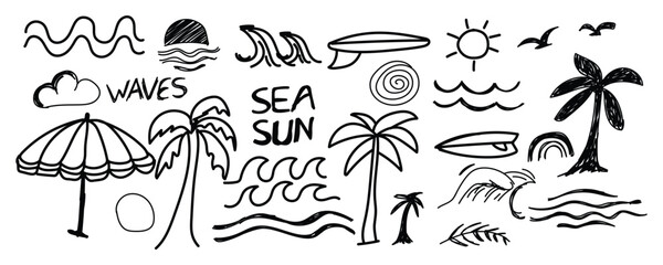 Minimal Beach Icon Set, Simple Coastal Sketch Pack, Clean Ocean Scene Art