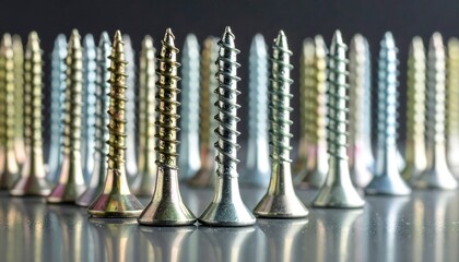 Rows of screws, metal and gold, standing upright, in a repeating pattern reflecting on a shiny grey surface
