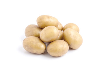 Heap of raw baby potatoes on white background