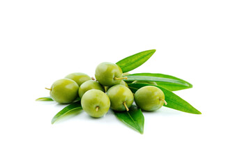 green olives with green leaves isolated on white background.
