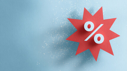 A red starburst with a percentage sign on it is shown against a blue background