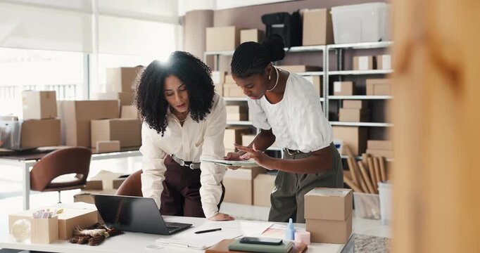 Women, team and clipboard with planning, dropshipping and tablet for logistics, stock or review at startup. People, talk and tech for checklist, app or inventory management with storage for ecommerce