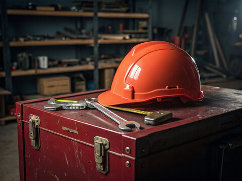 Medium close-up shot of a clean, bright orange safety helmet resting on a heavy-duty, dark red metal toolbox in a garage or workshop.