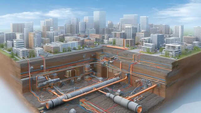 Explore the intricate network of underground utilities, pipes, and connections in a modern city environment featuring skyscrapers