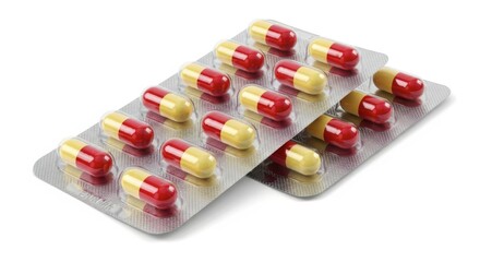 Two blister packs of red and yellow capsules