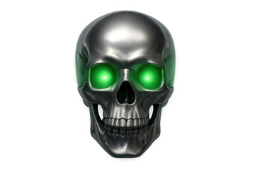 Robot skull with glowing green eyes, depicting artificial intelligence, cyborg technology, and futuristic concepts