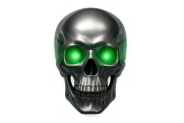 Robot skull with glowing green eyes, depicting artificial intelligence, cyborg technology, and futuristic concepts