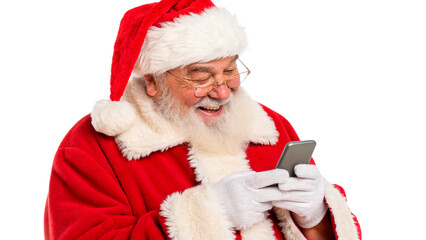 Santa Claus happily texting while wearing a red costume with white fur detailing isolated on transparent background