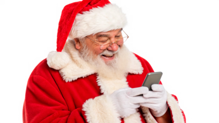 Santa Claus happily texting while wearing a red costume with white fur detailing isolated on transparent background