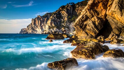 Rugged coastline with crashing waves and rocky cliffs against a blue sky backdrop on a sunny day