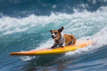 little dog surfing on the sea with wave