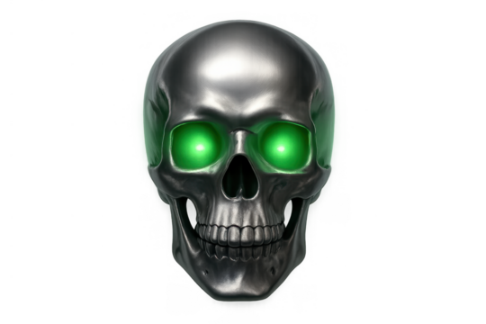 Robot skull with glowing green eyes, depicting artificial intelligence, cyborg technology, and futuristic concepts - Powered by Adobe